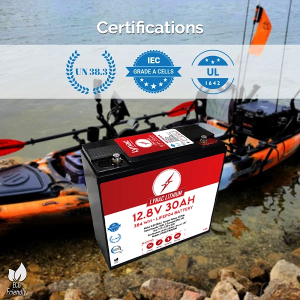 Certified Energy Companion: 12V 30Ah Lithium Battery with Kayak in the Background, delivering long-lasting power for various applications.