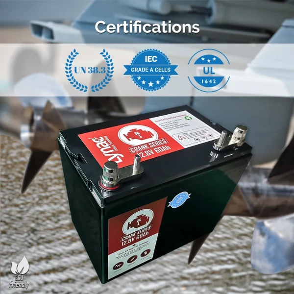12V 60Ah lithium cranking battery with boat motors in the background, featuring certifications for top-quality performance.