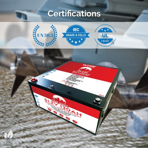 48V 130Ah High-Performance Lithium Battery with Certifications and Boat Motors in the Background.