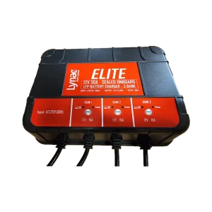 Front View of an Advanced 12V 30A Sealed Onboard 3-Bank Lithium Charger, compatible with multiple battery configurations.