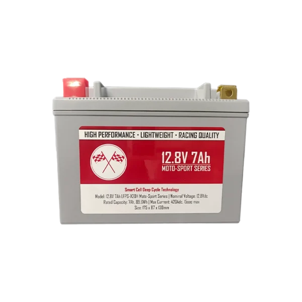 Front View of a High-Power 12V 7Ah Lithium Motosport Battery, delivering reliable performance for demanding rides.