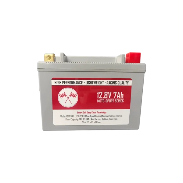 Front View of a Compact and Powerful 12V 7Ah Lithium Motosport Battery, designed for high-performance rides.