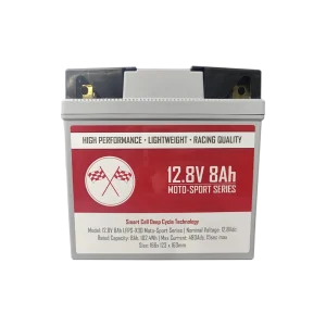 Front View of a High-Performance 12V 8Ah Lithium Motocross Battery, delivering reliable power and endurance.