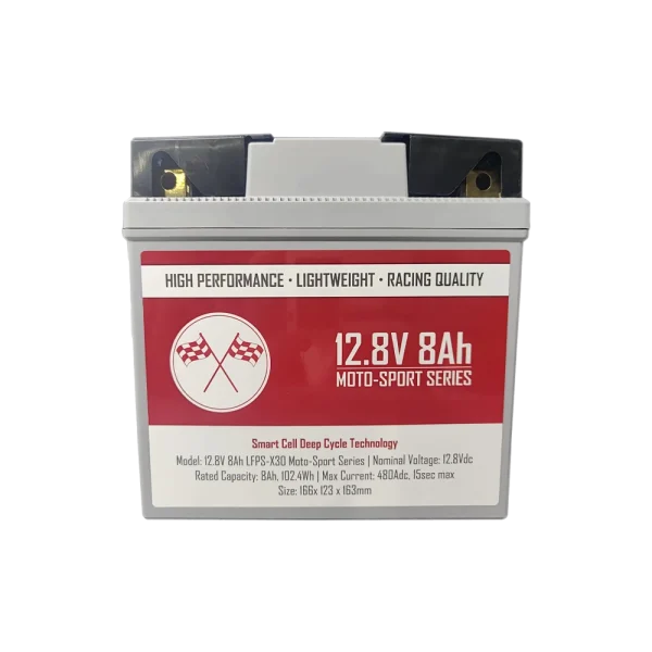 Front View of a High-Performance 12V 8Ah Lithium Motocross Battery, delivering reliable power and endurance.
