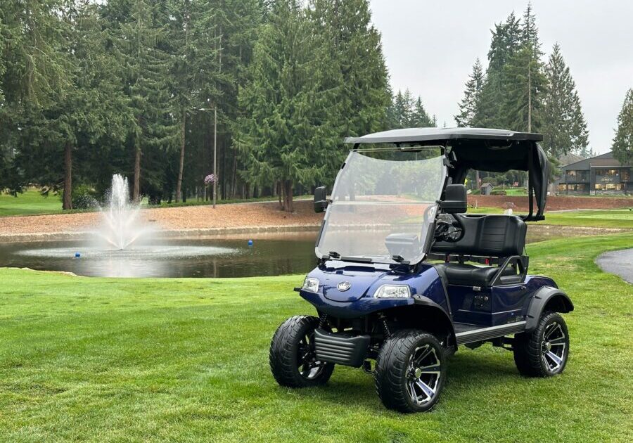 a golf cart parked in the grass near a pond
